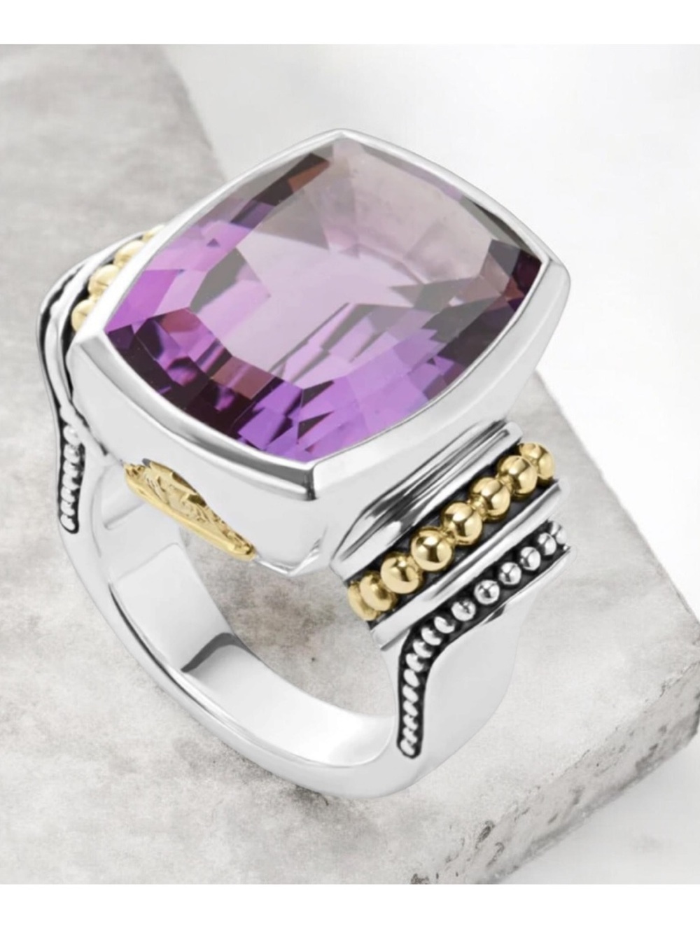 LAGOS RITTENHOUSE LARGE BOLD 18 KT GOLD STERLING SILVER AMETHYST RING 7
